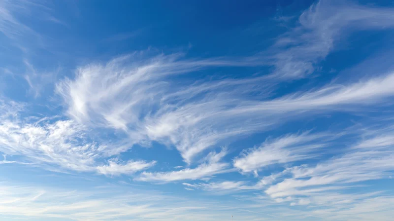 Wide panoramic view of open daytime sky filled with wispy cirrus clouds