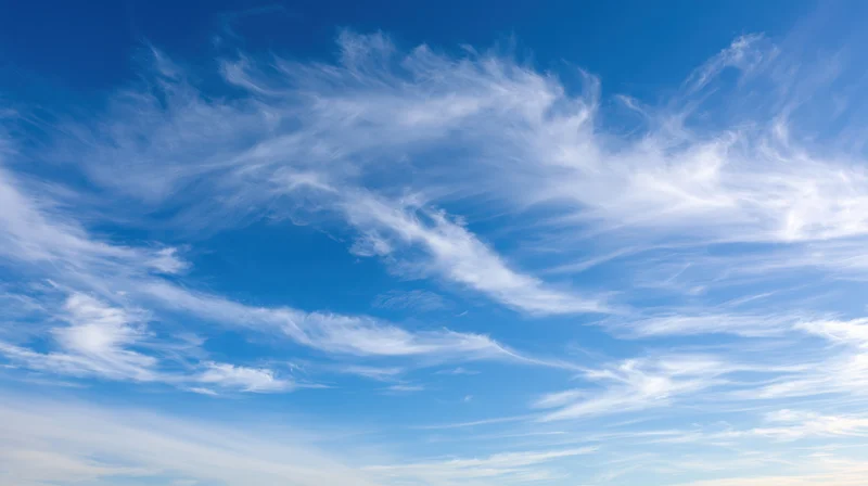 Wide panoramic view of open daytime sky filled with wispy cirrus clouds
