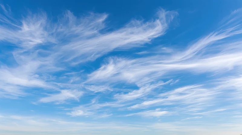 Wide panoramic view of open daytime sky filled with wispy cirrus clouds