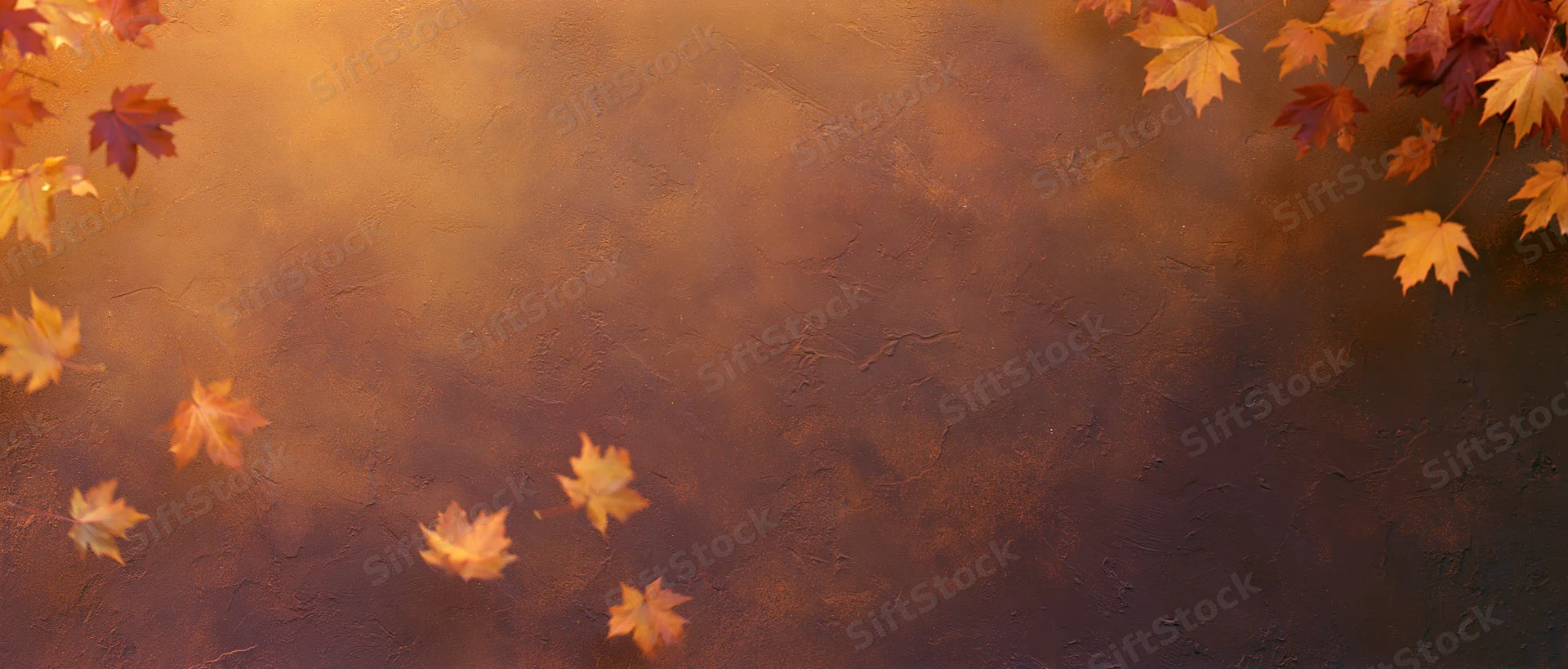 Autumn maple leaves scattered across a textured warm-toned background with copyspace