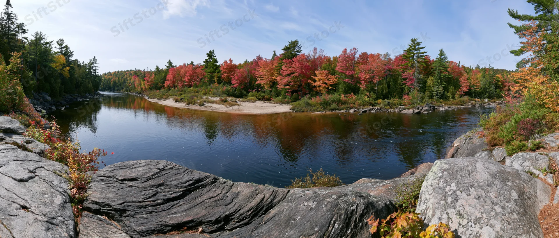 Calm river bend surrounded by autumn-colored trees and rocks under a blue sky