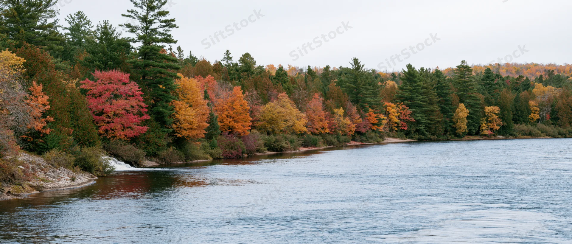 Calm river bordered by colorful autumn trees along the shoreline