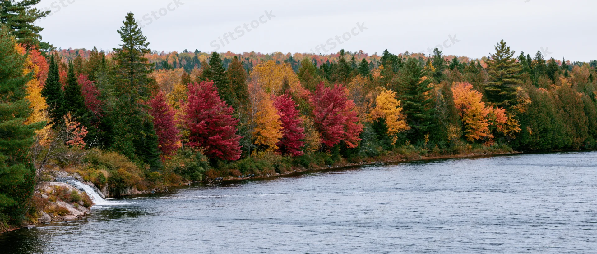 Calm river flowing past colorful autumn trees along forested shoreline
