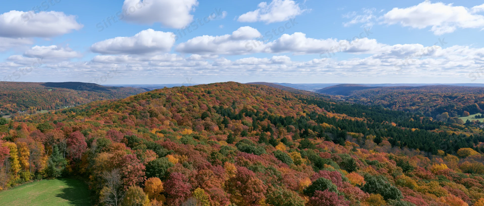 Aerial view of a forested landscape in autumn with colorful foliage covering rolling hills under a blue sky with scattered clouds