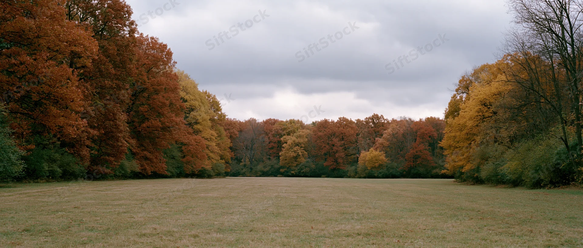 Wide panoramic view of a grass clearing bordered by autumn trees under an overcast sky