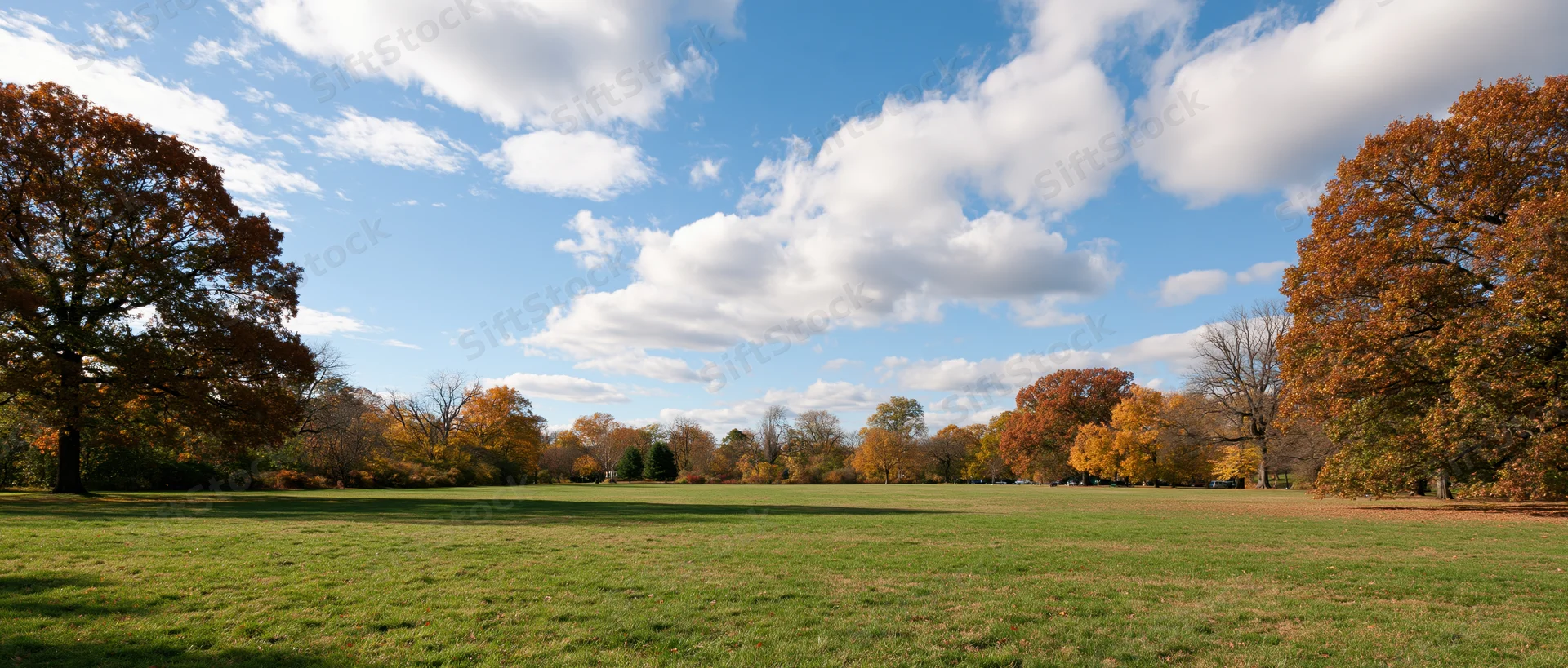 Wide panoramic view of an open park meadow in autumn with colorful trees and blue sky