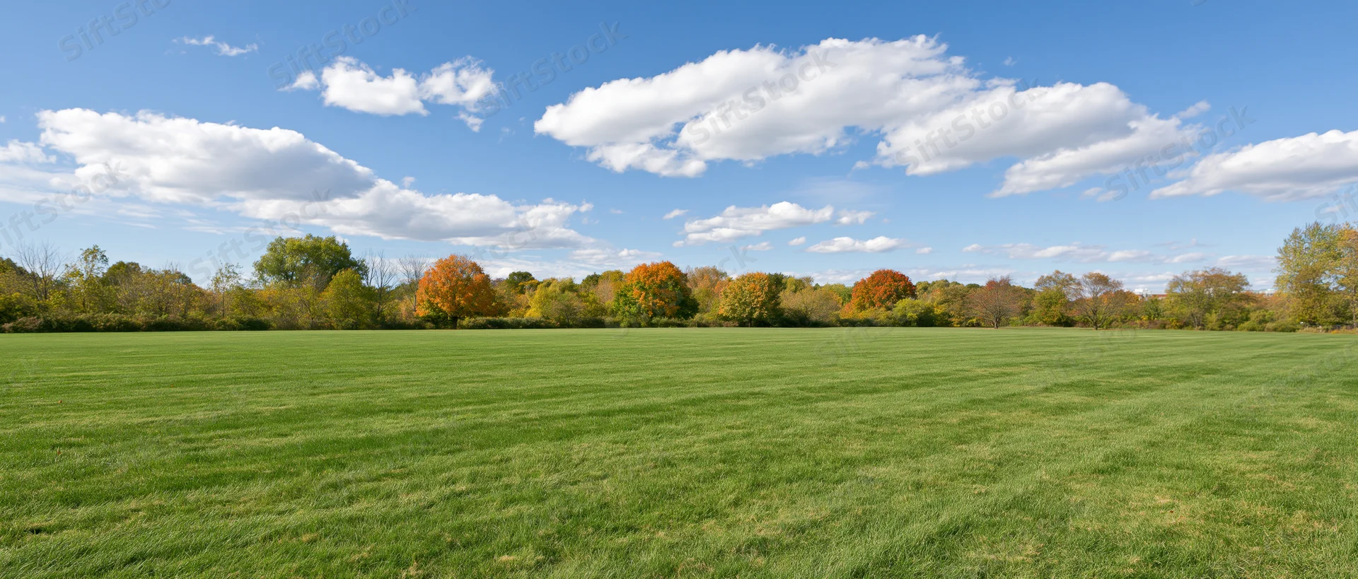 Wide panoramic view of a green lawn in a public park with autumn trees under a blue sky with white clouds