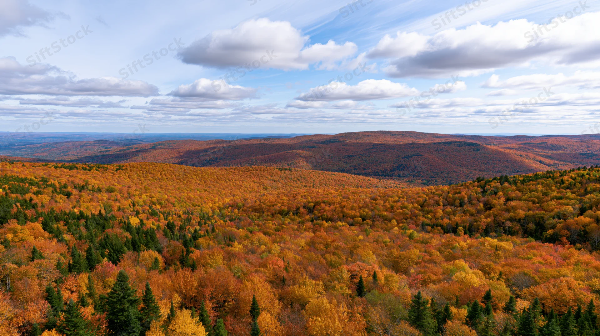 Panoramic view of rolling forested hills covered in autumn foliage under a partly cloudy sky