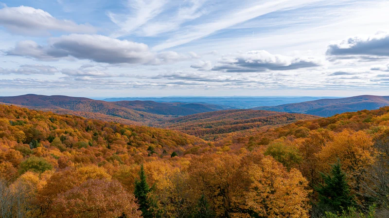 Panoramic view of rolling forested hills covered in autumn foliage under a partly cloudy sky