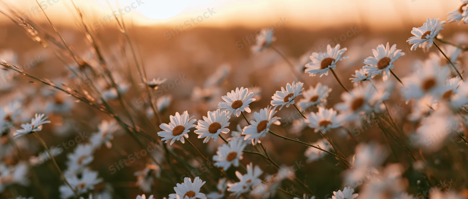 Daisies blooming in a field at golden hour with soft sunlight and blurred background