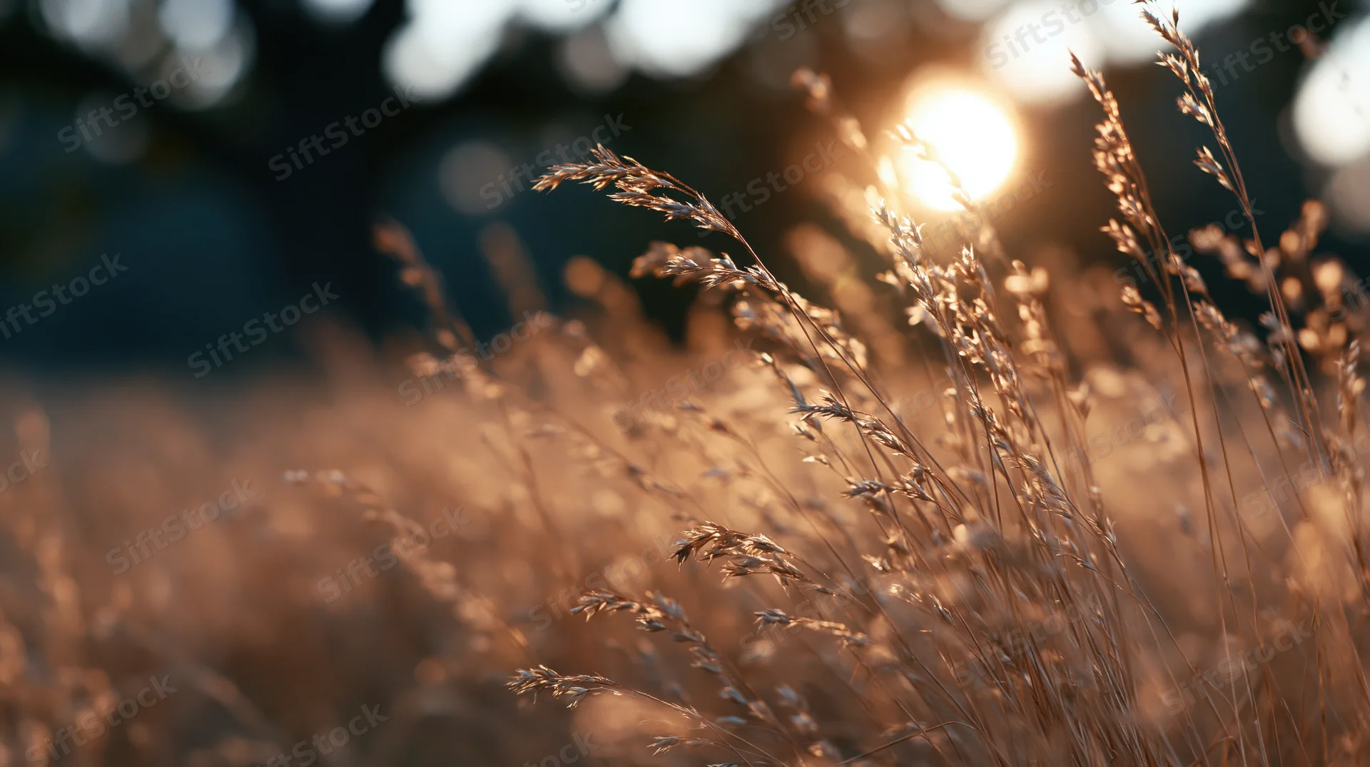 Dried grass seedheads swaying in an autumn meadow at golden hour