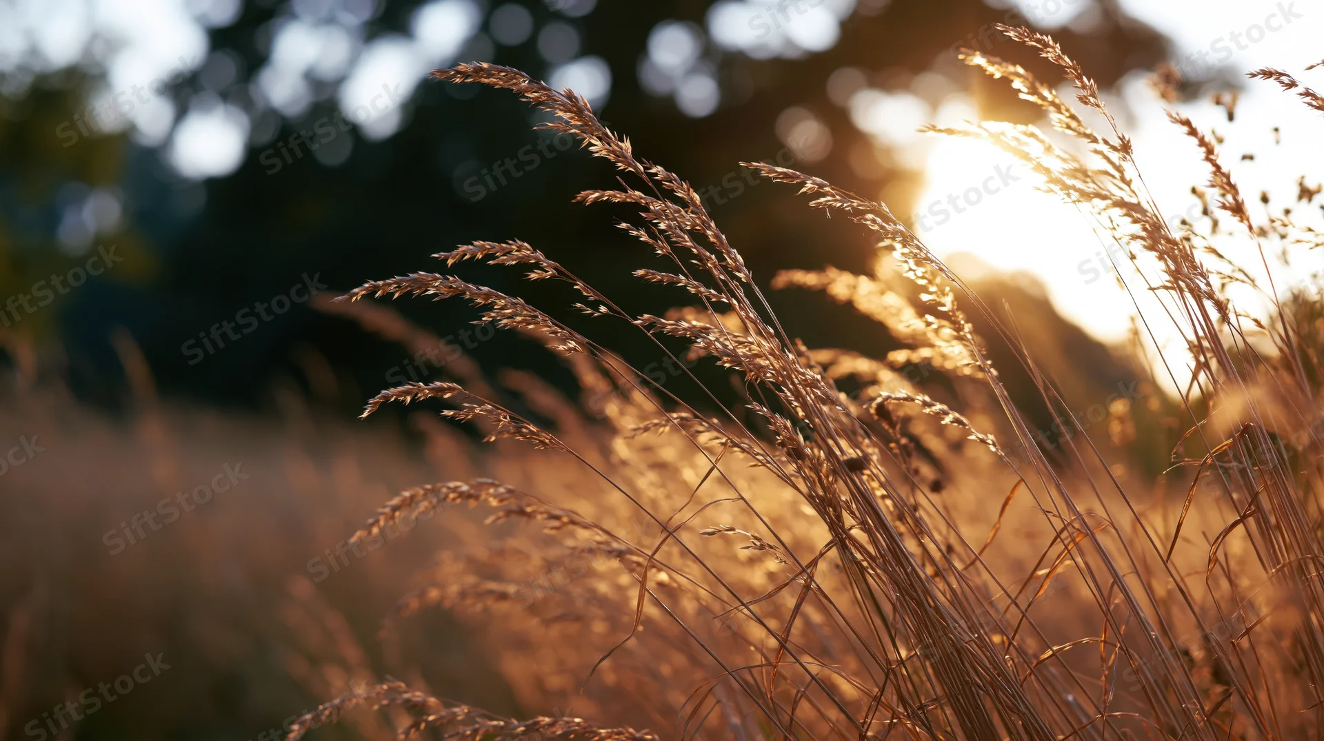 Dried grass seedheads swaying in an autumn meadow at golden hour