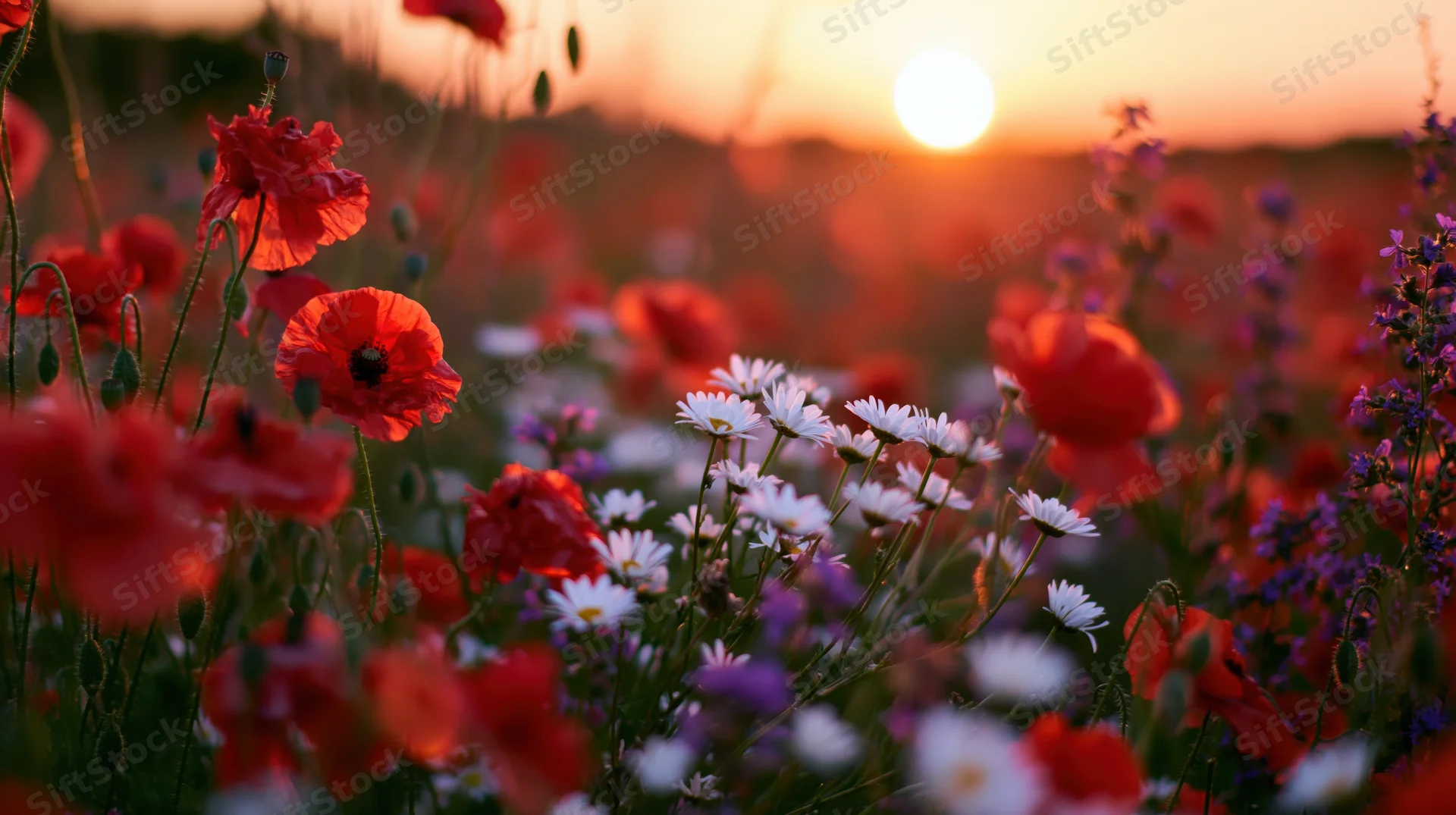 Red poppies and white daisies blooming in a wild meadow at sunset