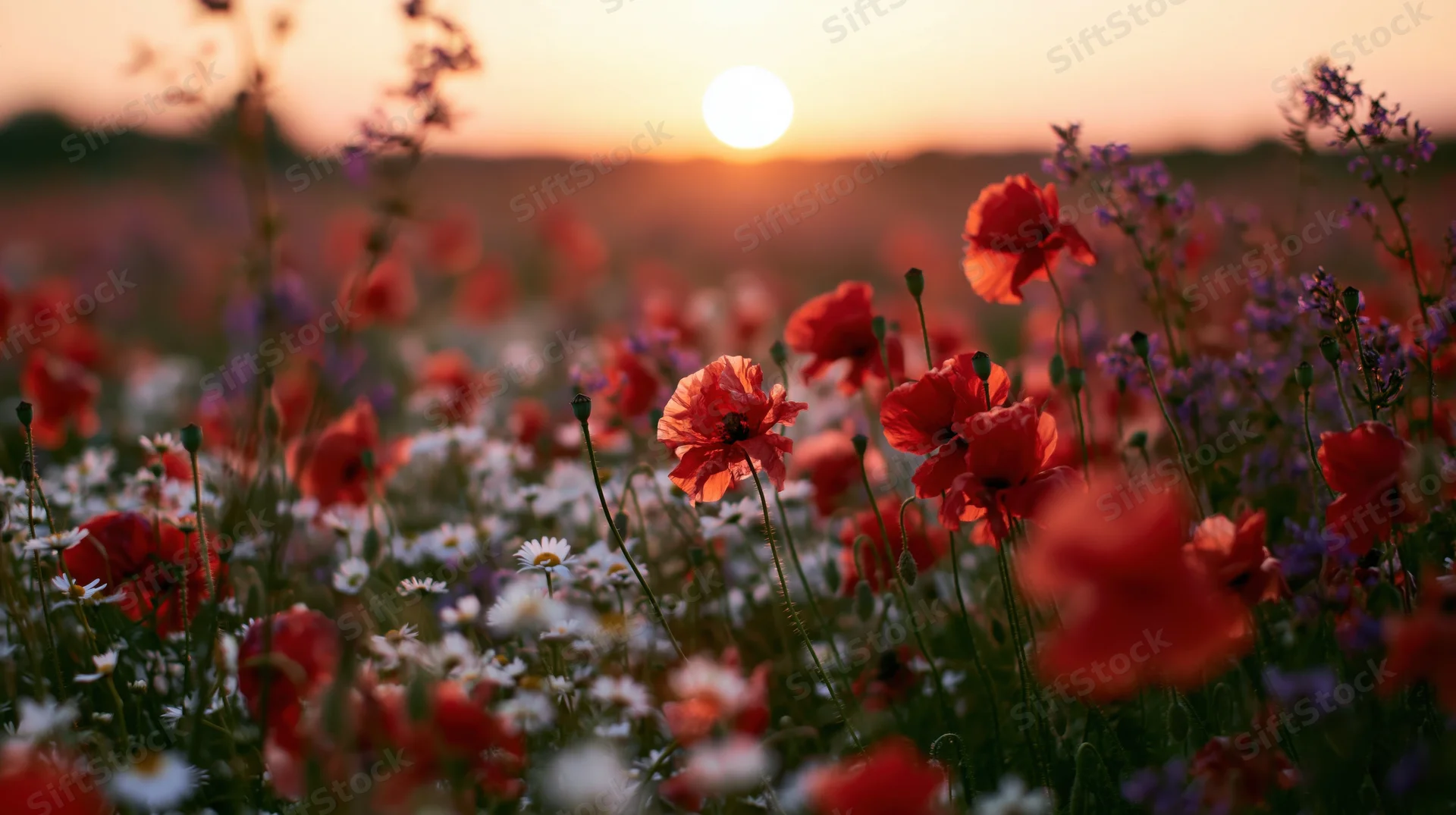 Wildflowers blooming in a meadow at sunset