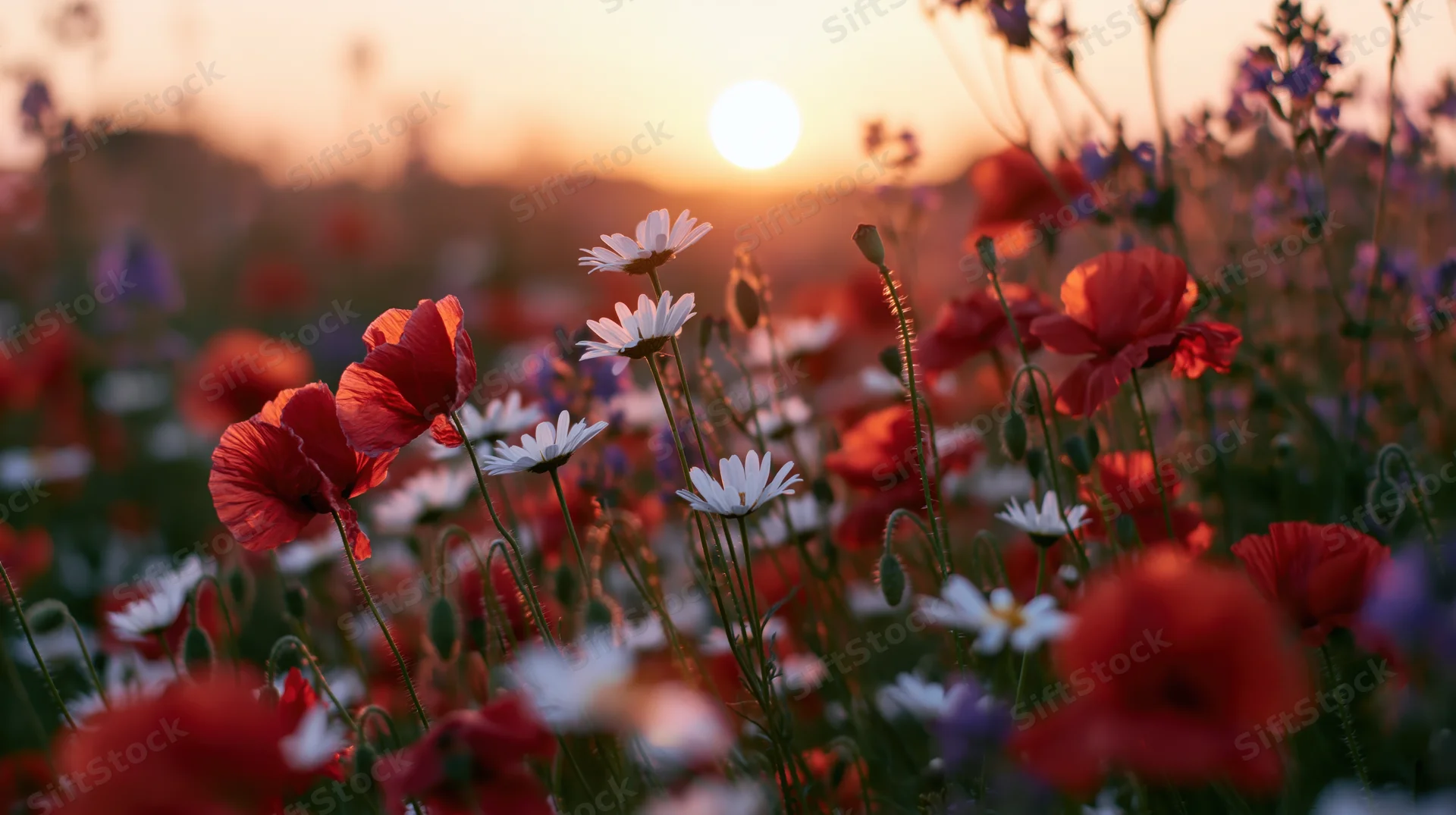 Red poppies and white daisies blooming in a wild meadow at sunset