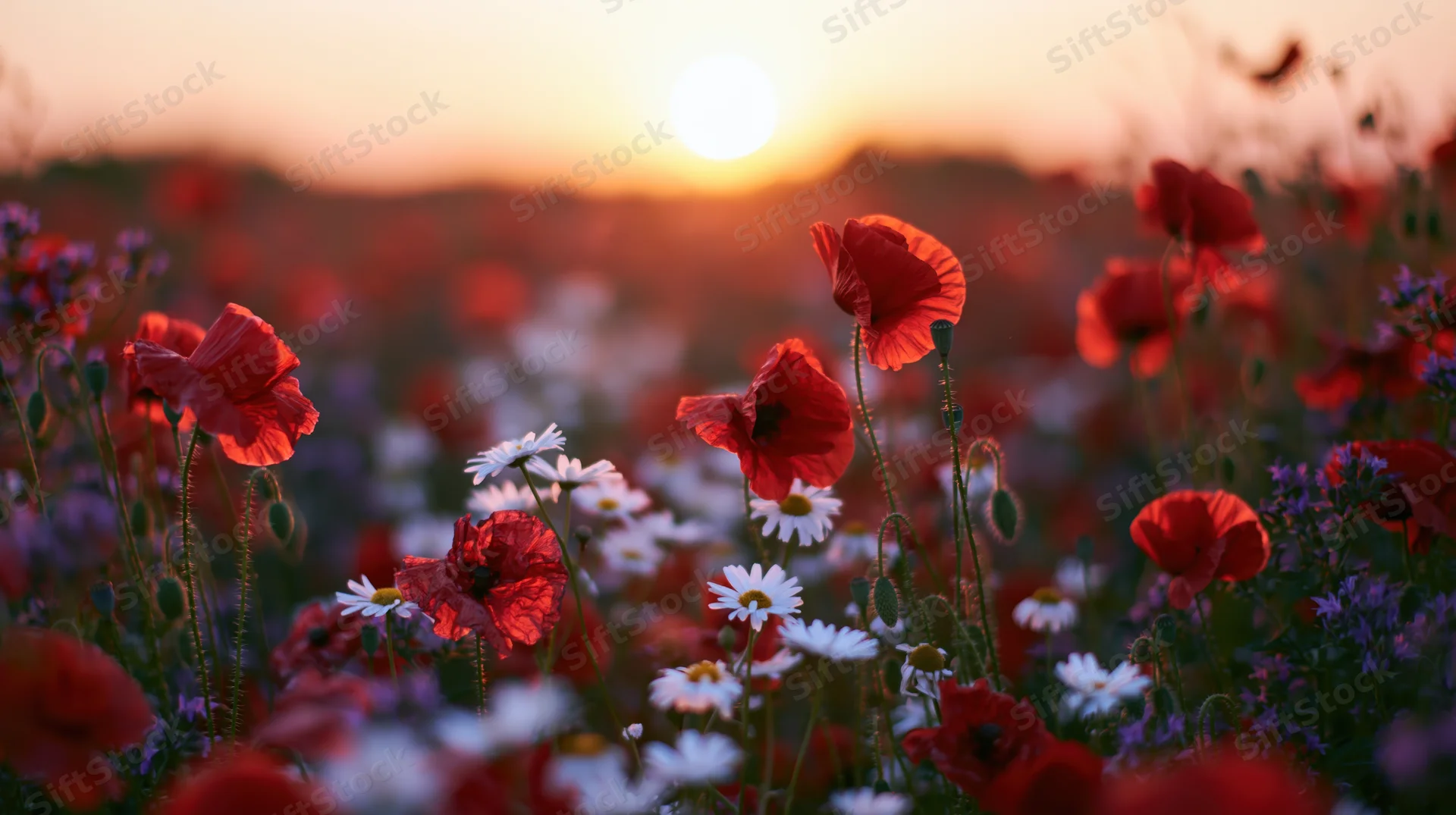 Red poppies and white daisies blooming in a wild meadow at sunset