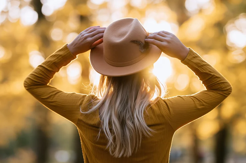 Woman from behind holding a felt hat in a golden autumn forest at sunset