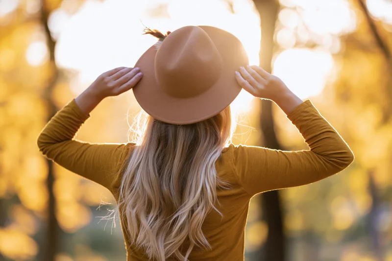 Woman from behind holding a felt hat in a sunlit autumn forest