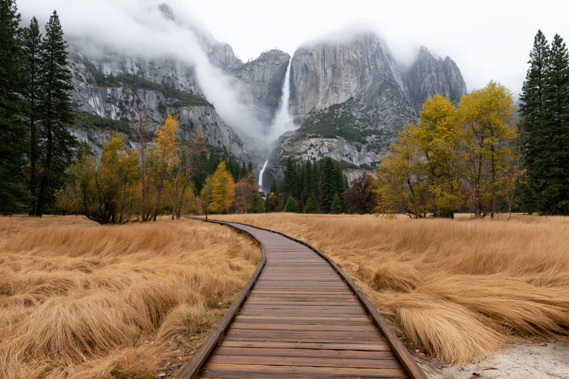 Wooden boardwalk path curving through golden autumn meadow toward misty mountains with waterfall