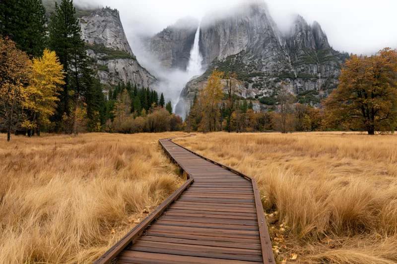 Wooden boardwalk curving through golden autumn meadow toward misty waterfall and mountains