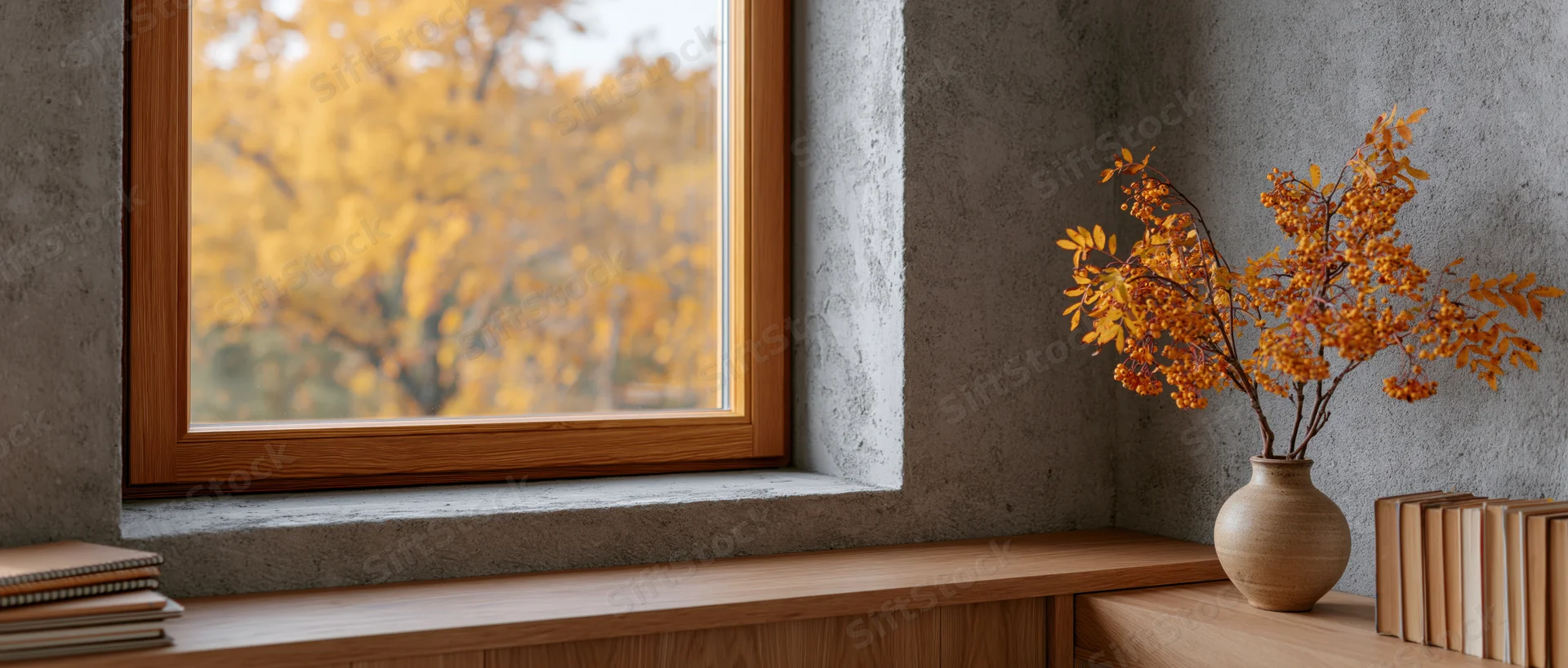 Wooden desk with vase of autumn branches and books beside a window with fall foliage view