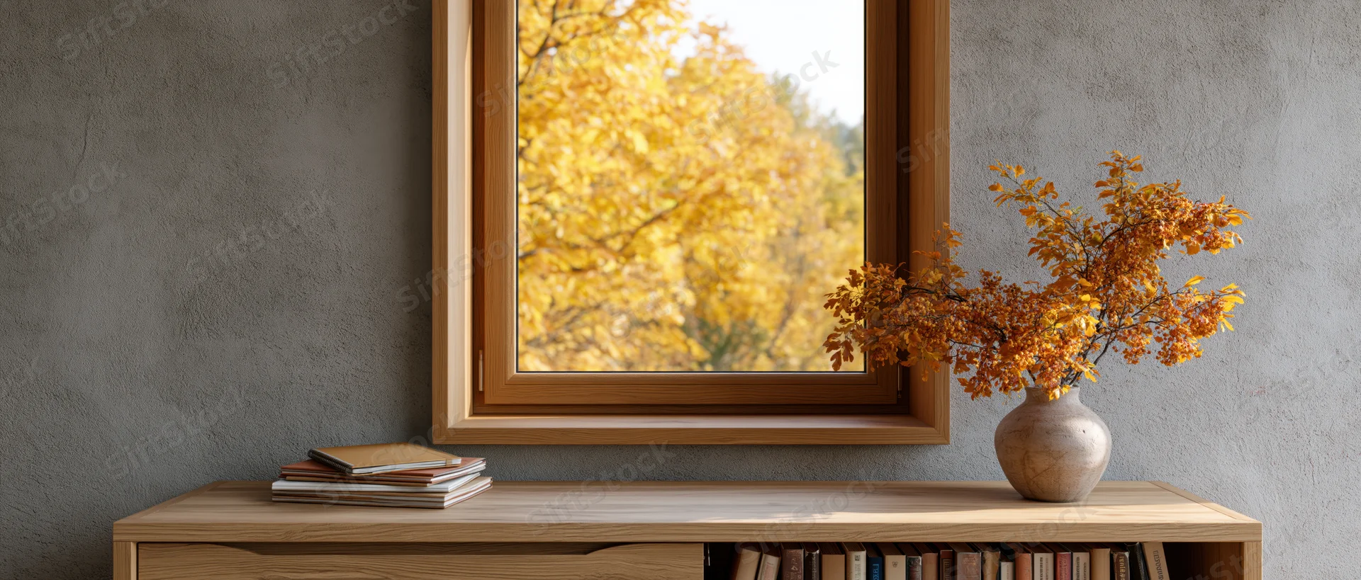 Wooden desk with vase of autumn leaves beside window overlooking fall foliage