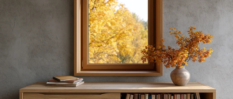 Wooden desk with vase of autumn leaves beside window overlooking fall foliage