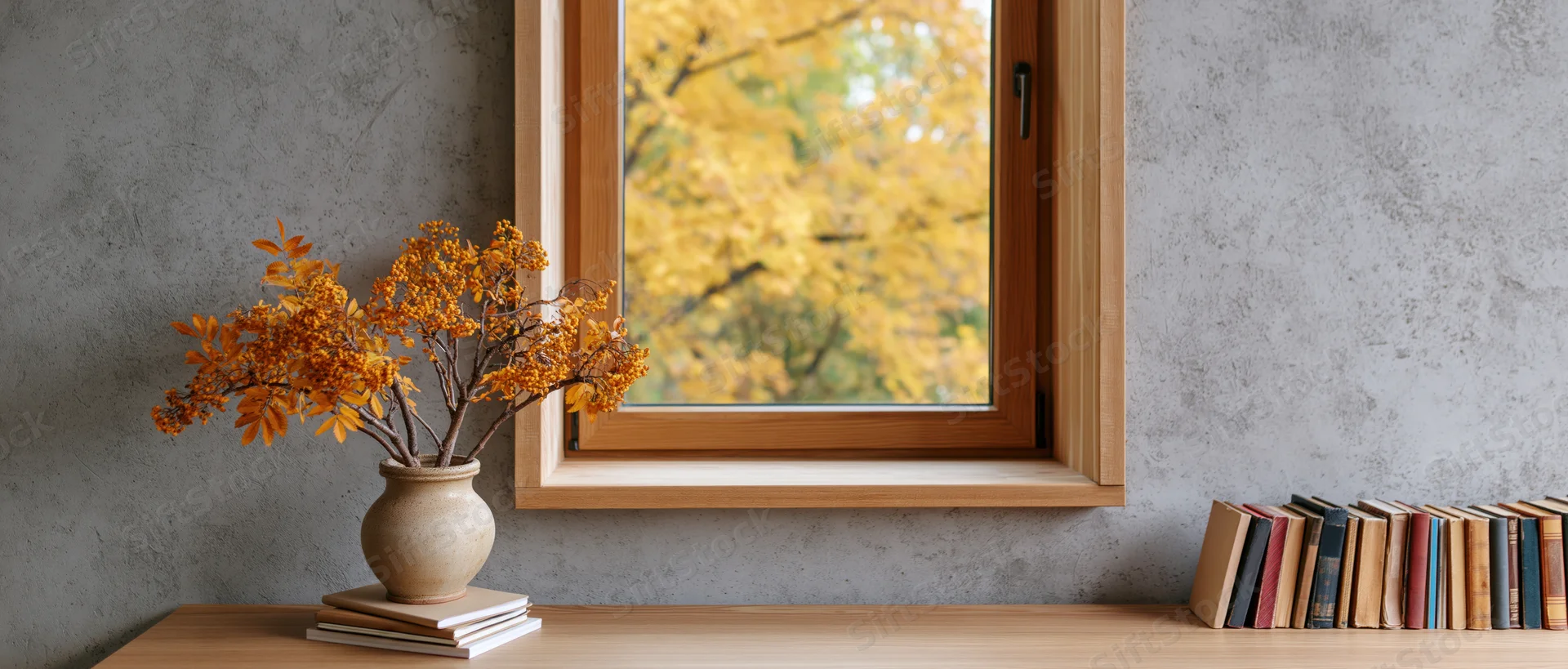 Wooden desk with vase of autumn foliage and books beside a window overlooking fall trees