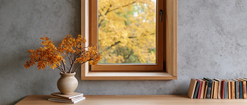 Wooden desk with vase of autumn foliage and books beside a window overlooking fall trees