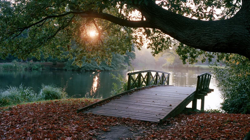 Wooden footbridge over calm pond in autumn park at sunset