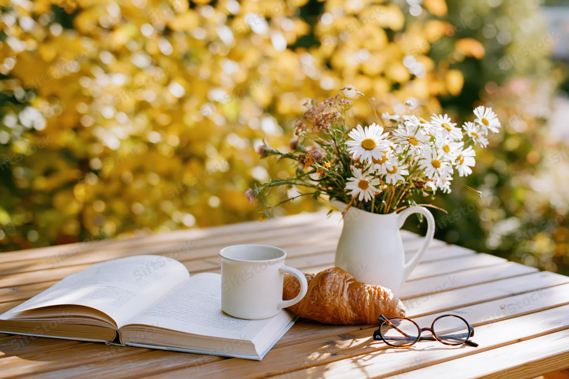 Open book and mug on wooden garden table with flowers and croissant in autumn sunlight