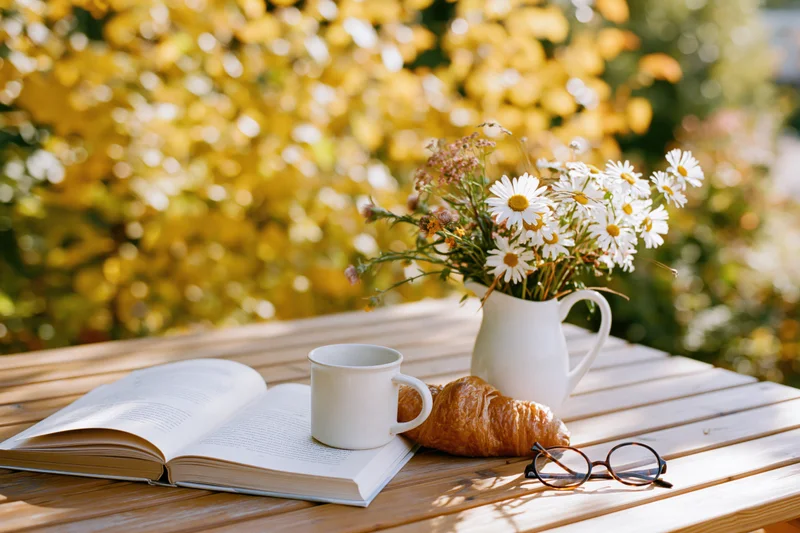 Open book and mug on wooden garden table with flowers and croissant in autumn sunlight