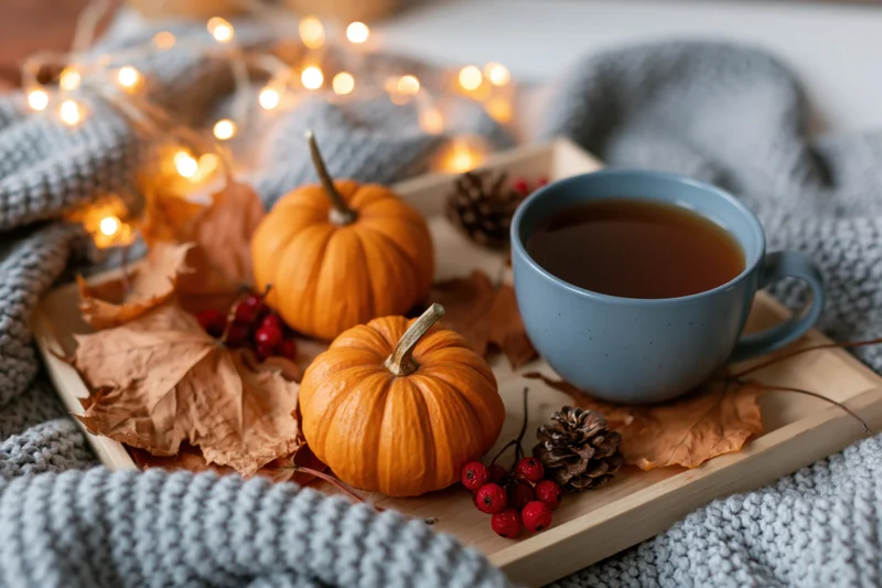 Wooden tray with small pumpkins, tea cup, autumn leaves and pinecones on knitted blanket