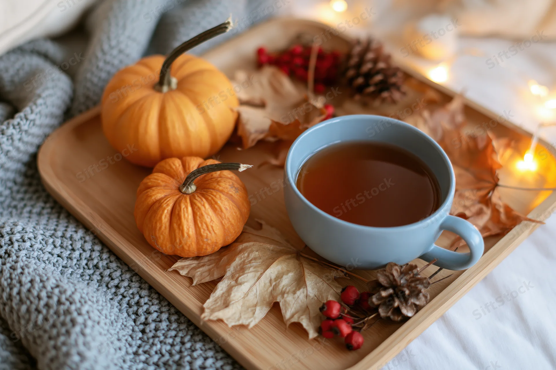 Wooden tray with small pumpkins, tea cup, dried leaves and pinecones on a blanket with string lights
