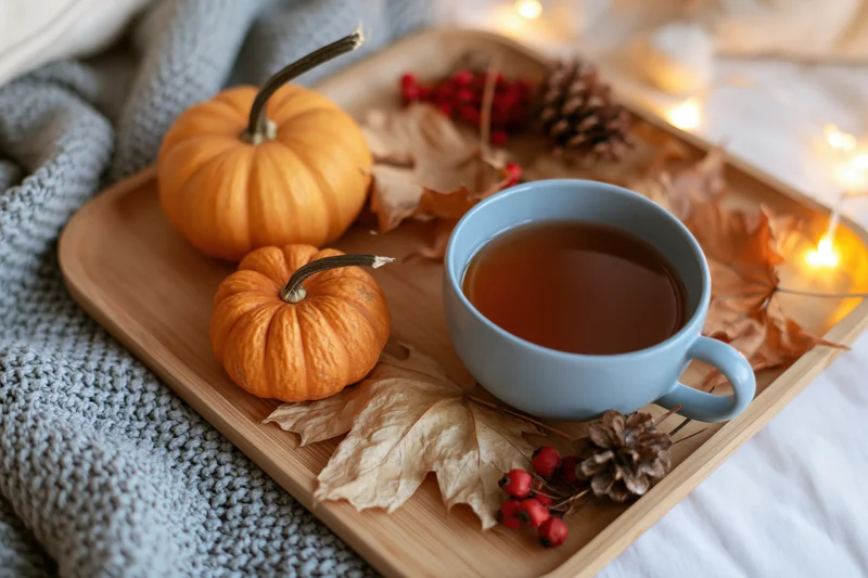 Wooden tray with small pumpkins, tea cup, dried leaves and pinecones on a blanket with string lights