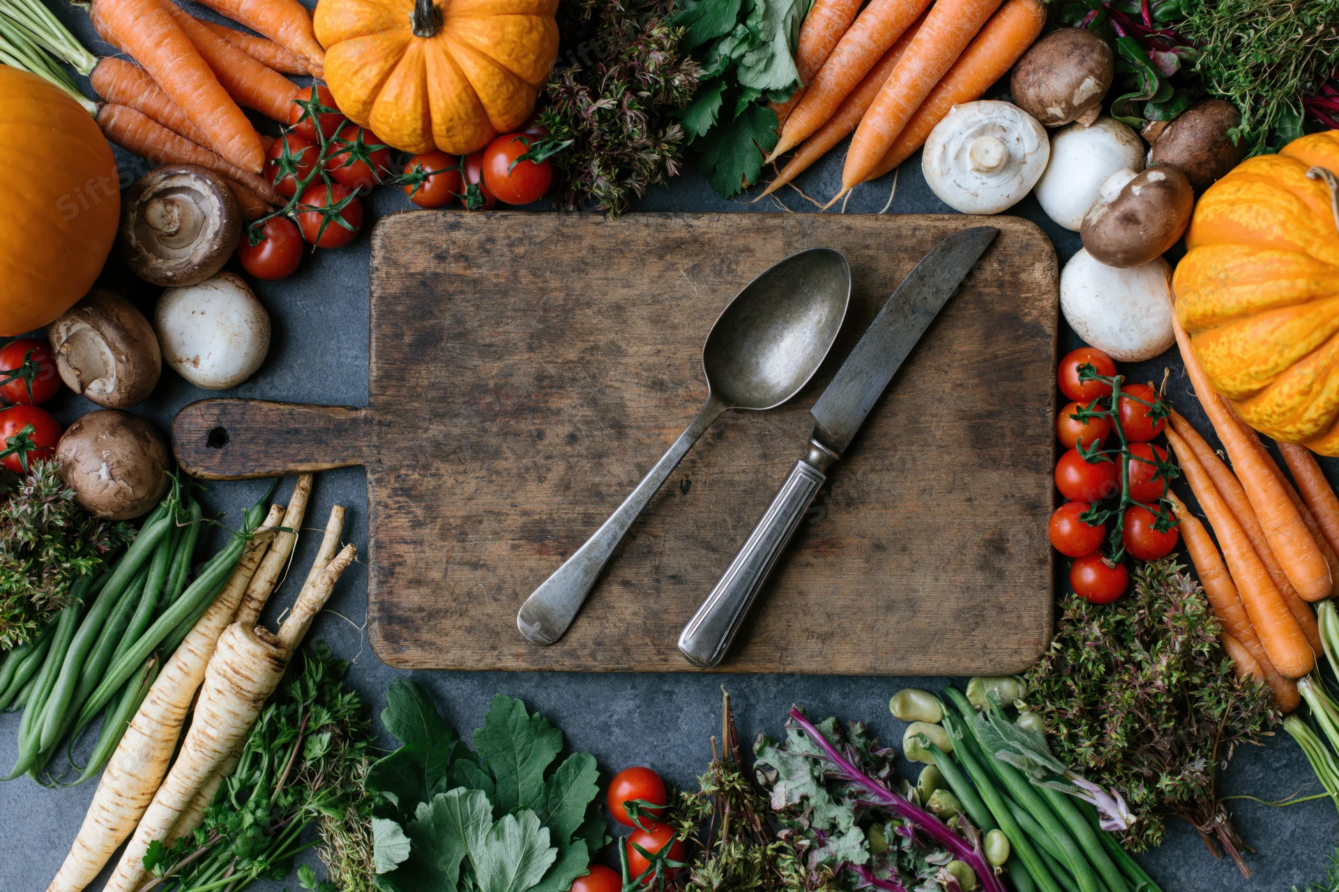Fresh autumn vegetables arranged around a wooden cutting board with knife and spoon on dark slate surface