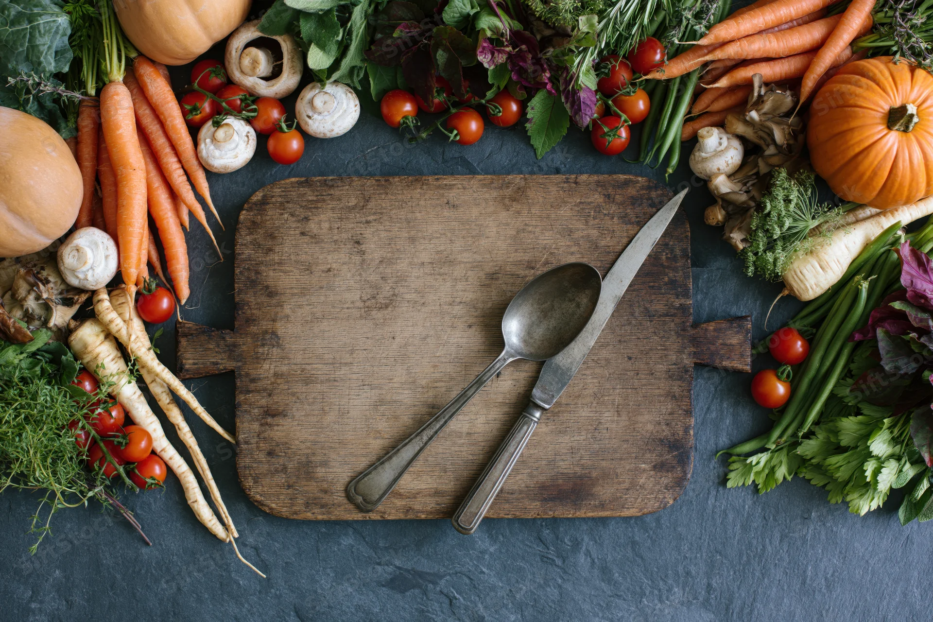 Wooden cutting board with knife and spoon surrounded by fresh vegetables on dark slate surface
