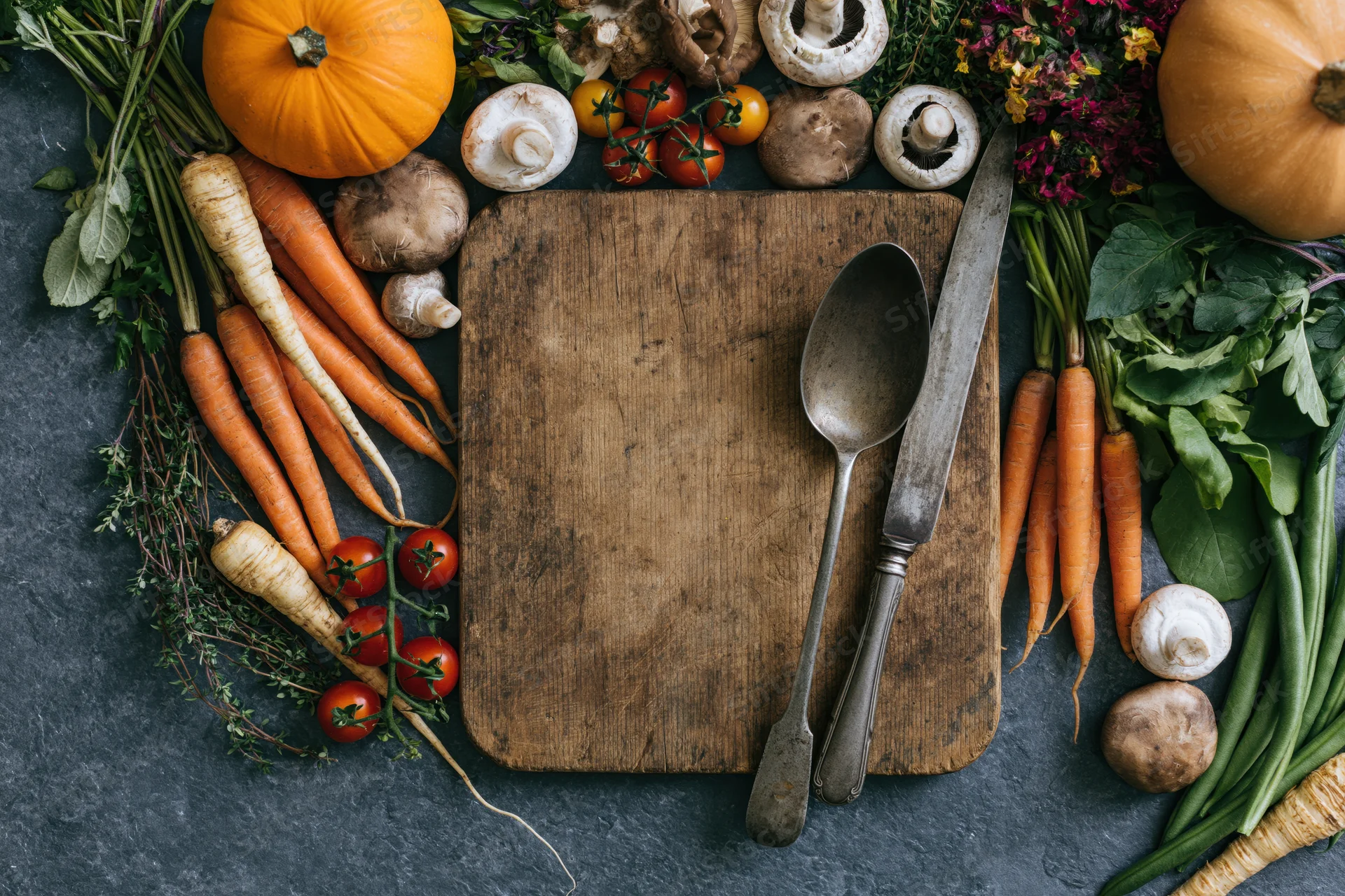 Worn wooden cutting board surrounded by fresh autumn vegetables and herbs on dark slate surface