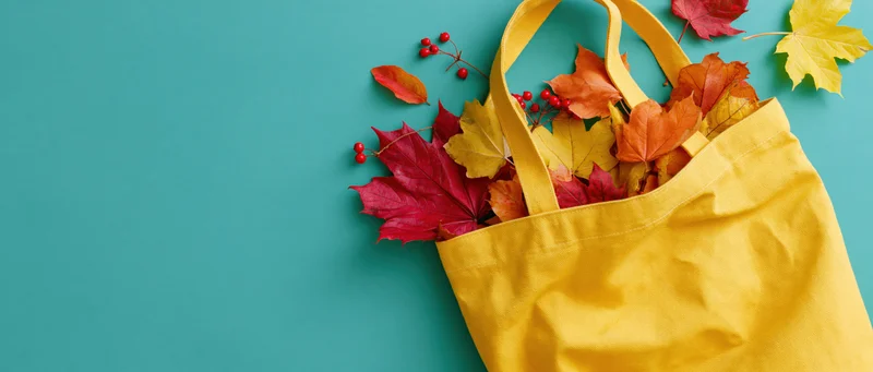 Yellow canvas tote bag filled with autumn leaves and berries on teal background