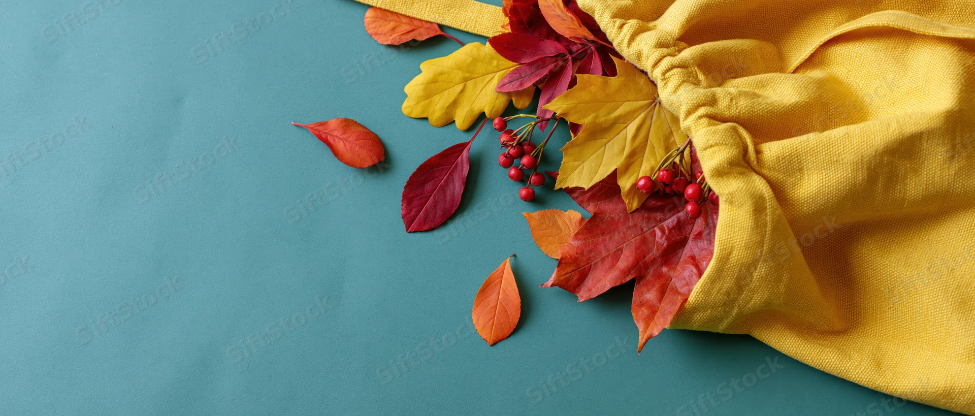 Yellow canvas tote bag spilling autumn leaves and red berries on teal surface
