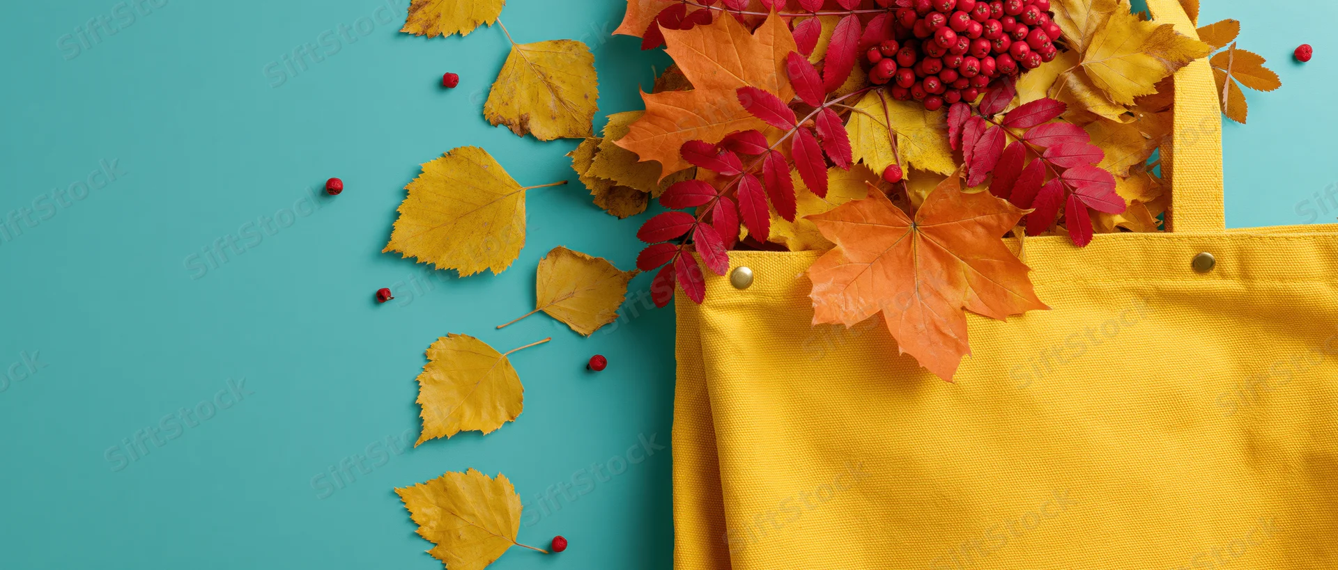 Yellow canvas tote bag overflowing with autumn leaves and red berries on teal background