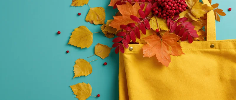 Yellow canvas tote bag overflowing with autumn leaves and red berries on teal background