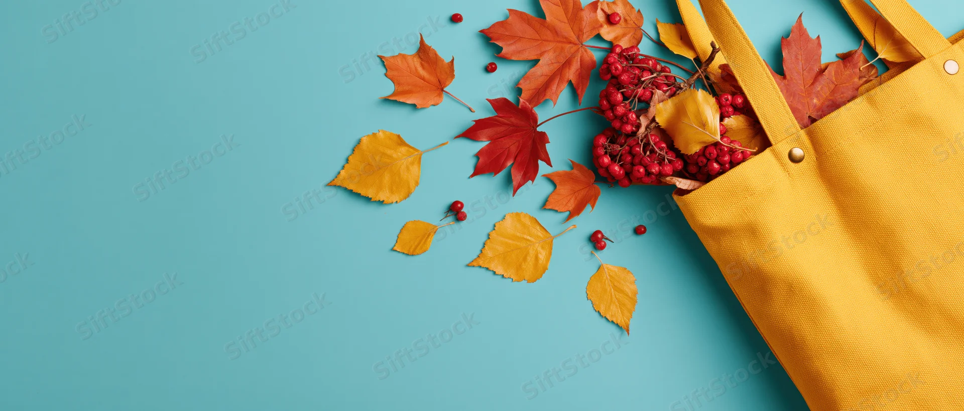 Yellow canvas tote bag overflowing with autumn leaves and red berries on blue background