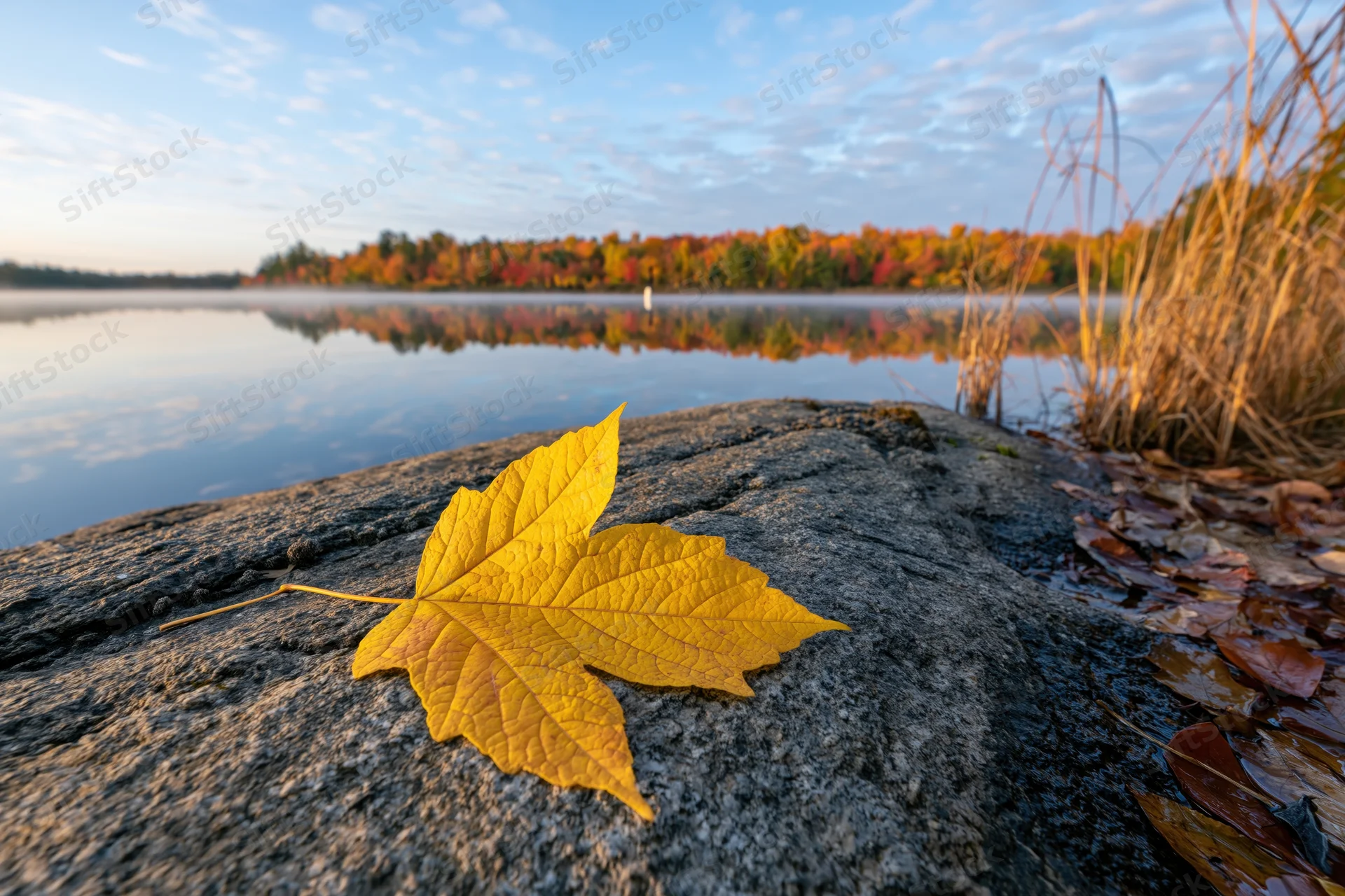 Yellow maple leaf resting on granite rock by calm lake edge at sunrise