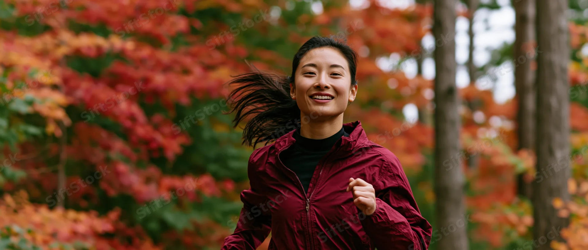 Young asian woman jogging through autumn forest trail smiling with windblown hair