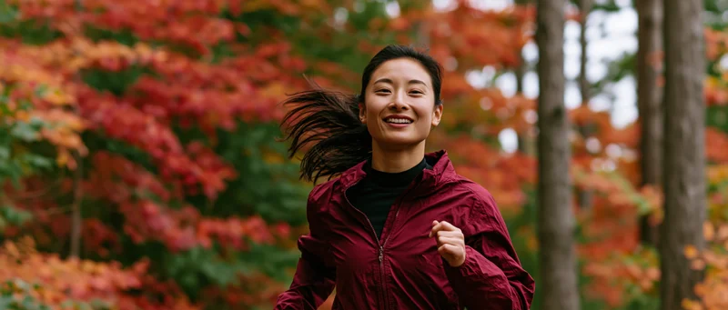 Young asian woman jogging through autumn forest trail smiling with windblown hair
