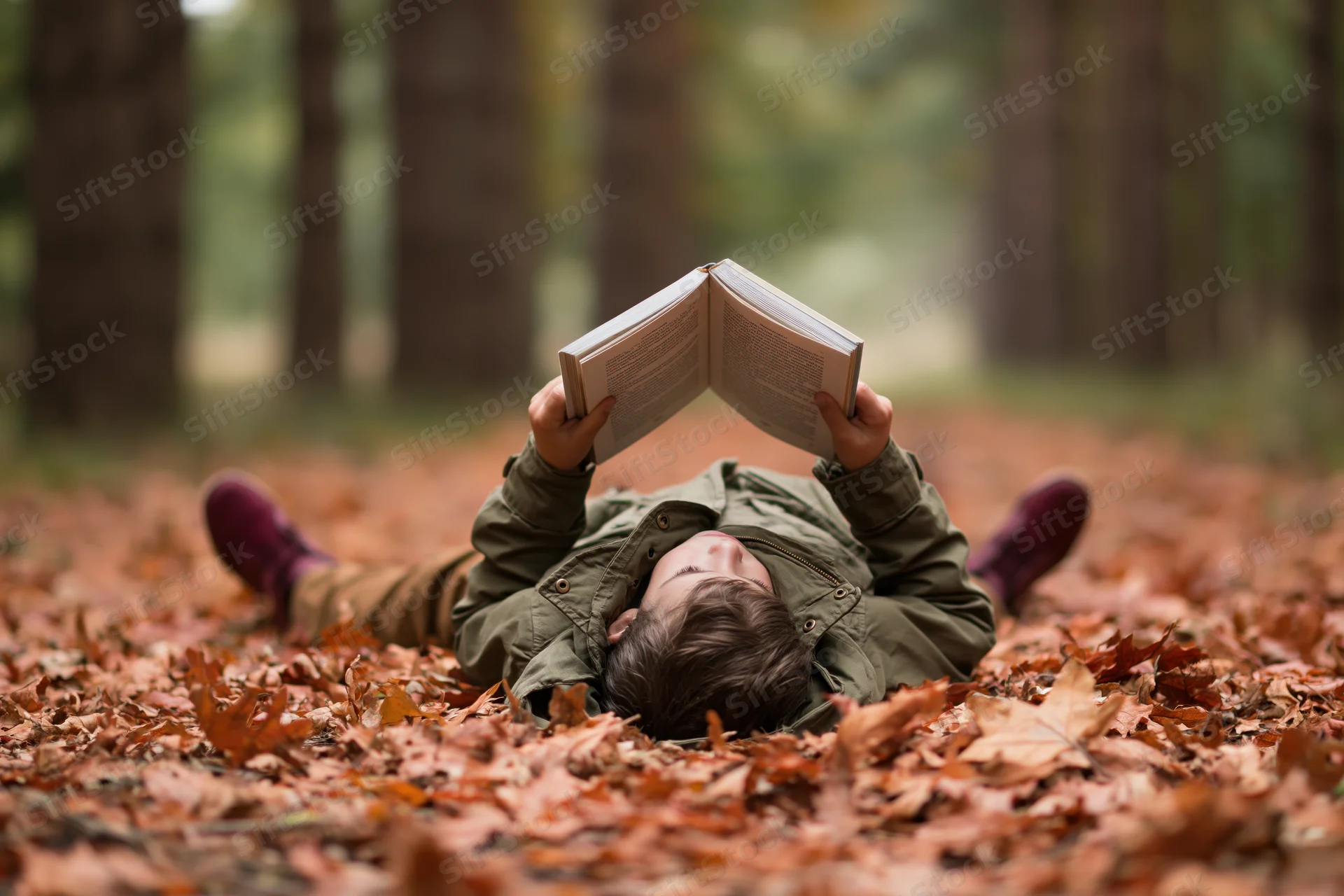 Young boy lying on autumn leaves in a forest reading a book