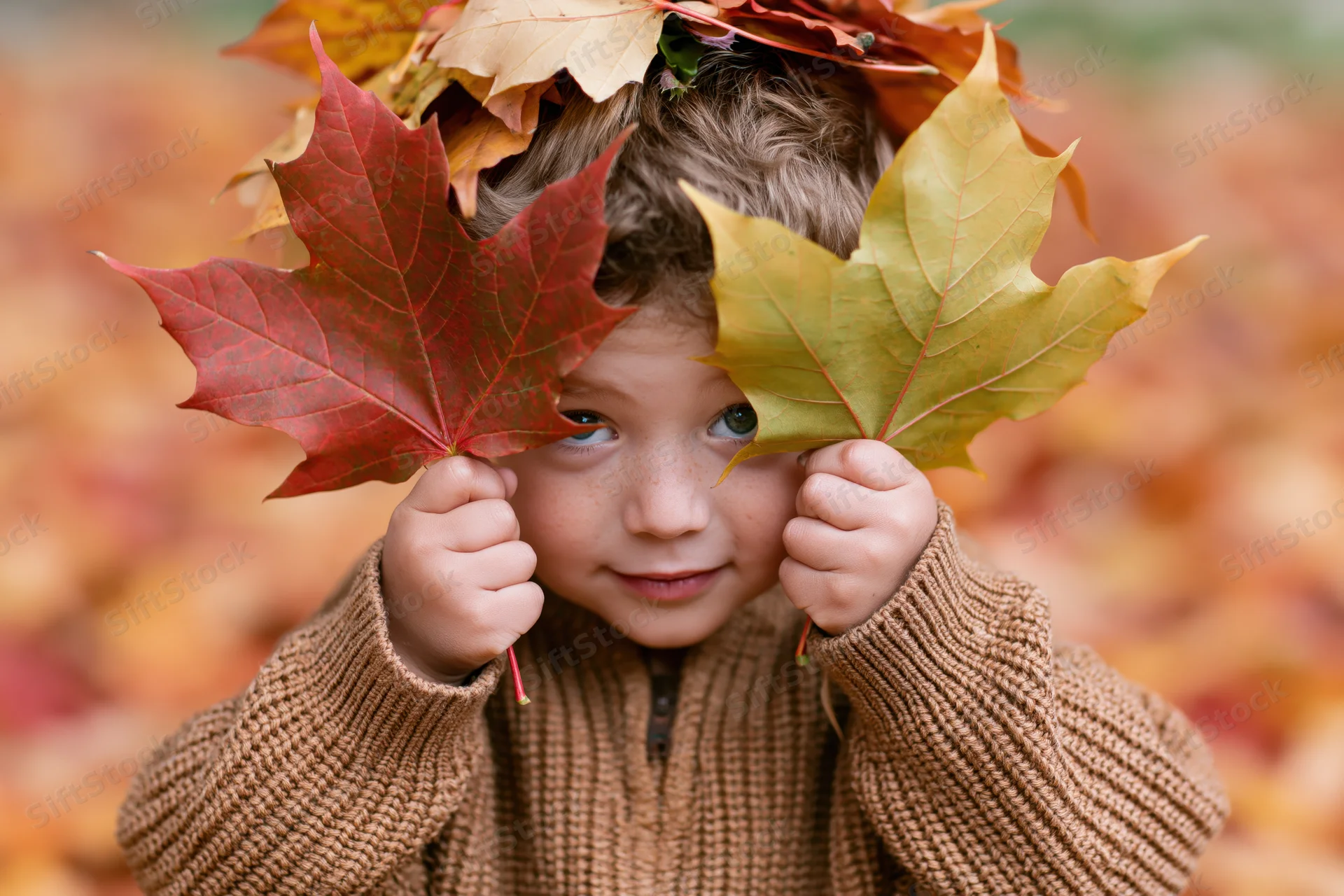 Young boy peeking through two large maple leaves in an autumn forest setting