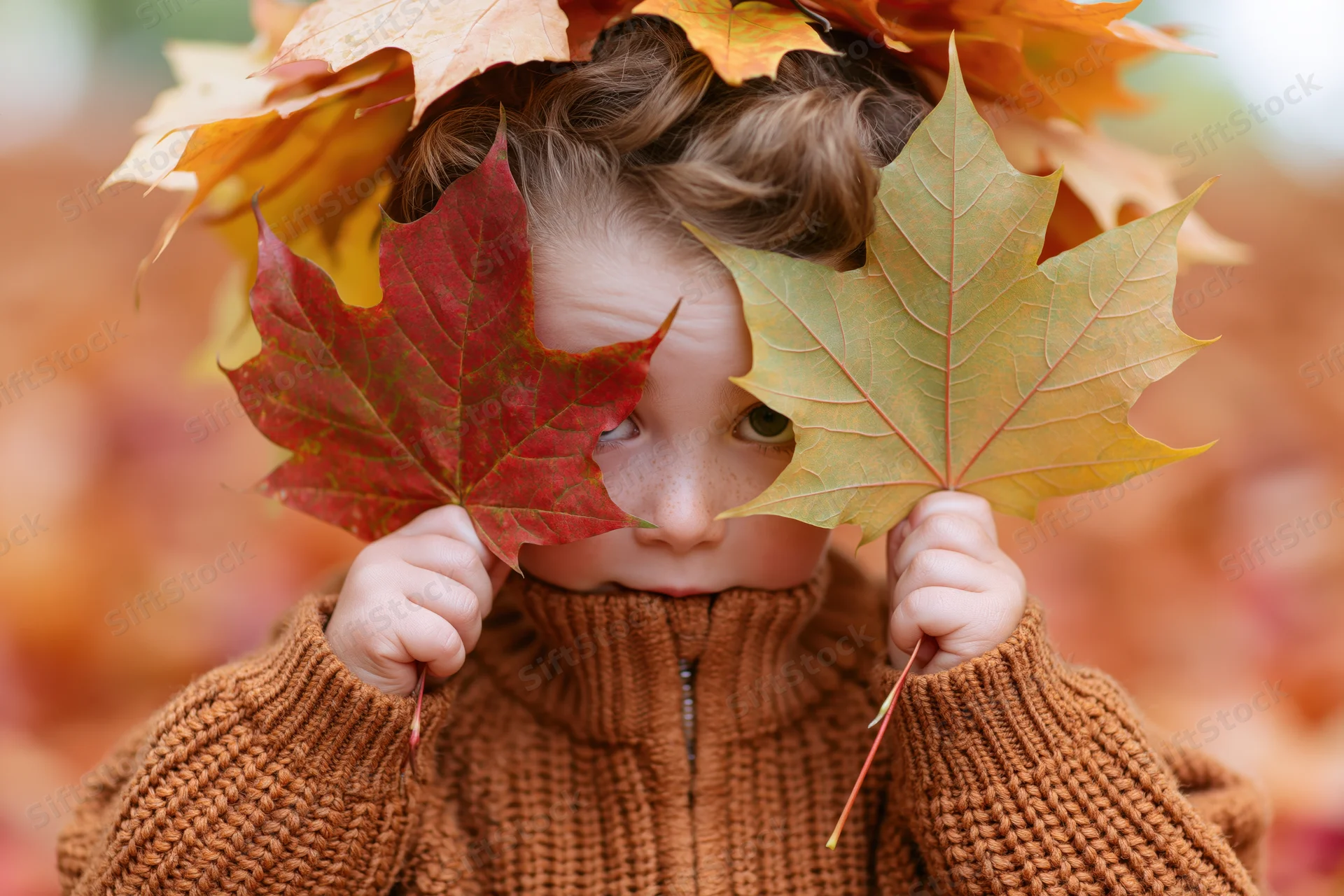 Young boy peeking through two maple leaves in autumn outdoor setting
