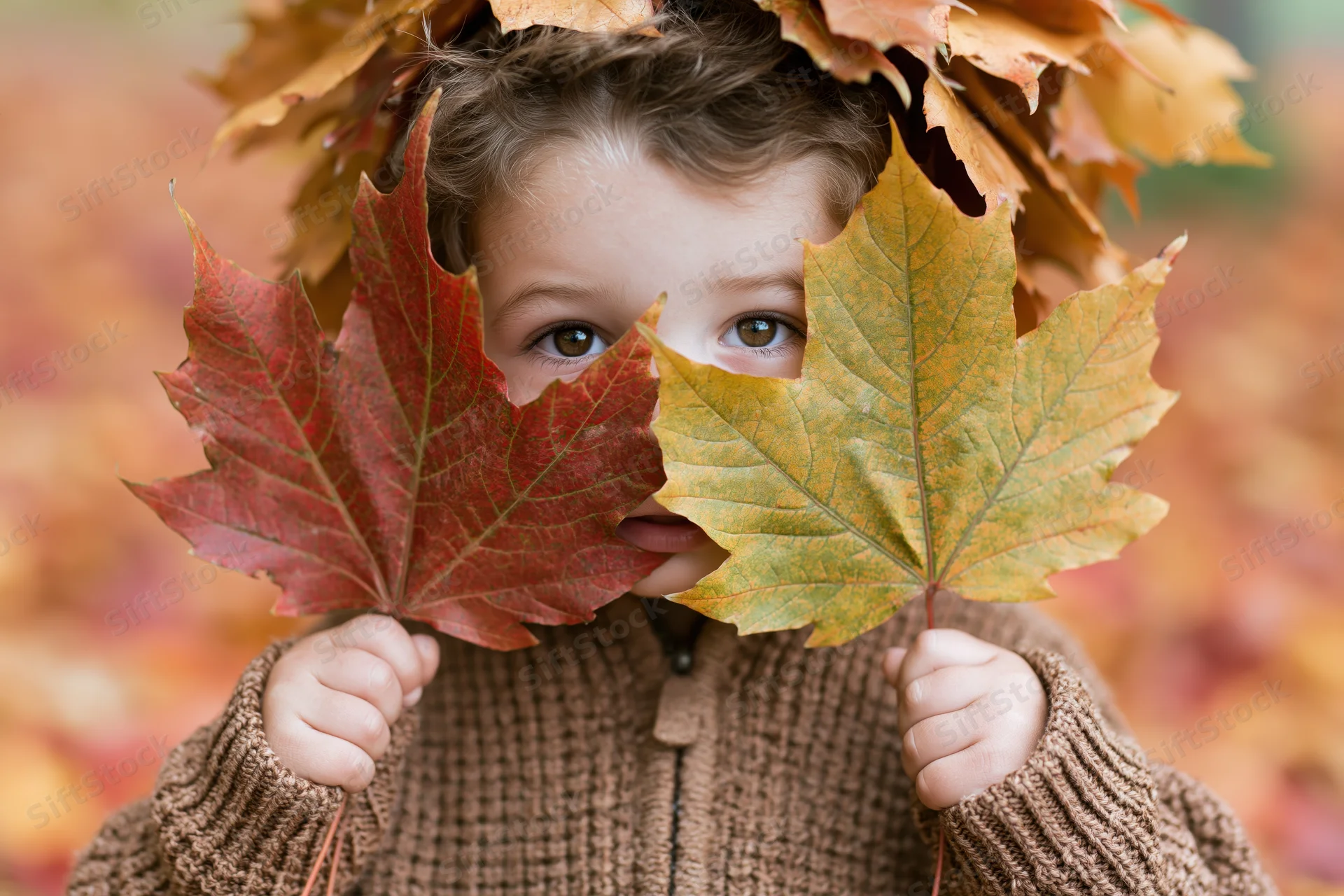 Child peeking through two maple leaves in autumn setting